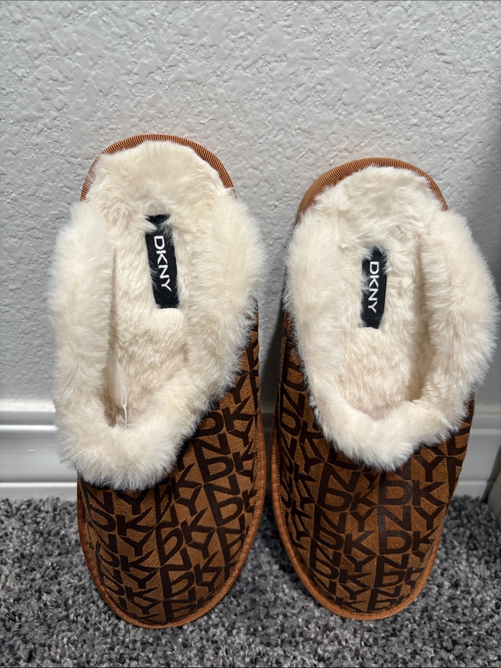 DKNY Brown Logo Faux-Fur Lined Slip-On Slippers